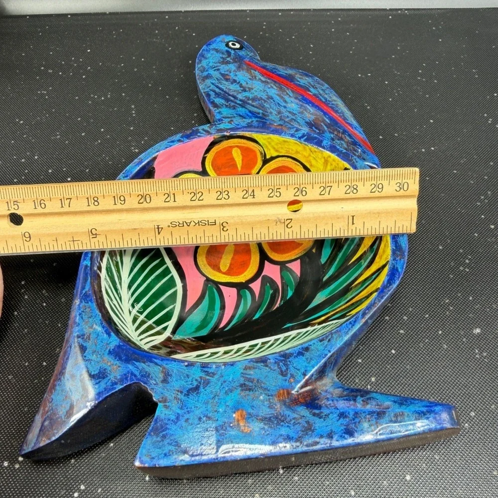 Vintage Hand Painted Wooden Pelican Bowl Floral Folk‎ Art Blue Decorative Dish